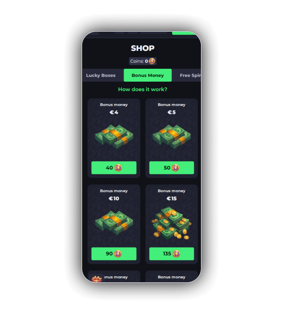 DrellaBet bonus shop with the point priced items a player can trade coins for